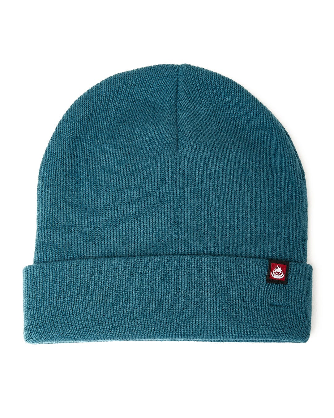 A Saltrock Ok - Tight Knit Beanie - Blue with a red logo on it.