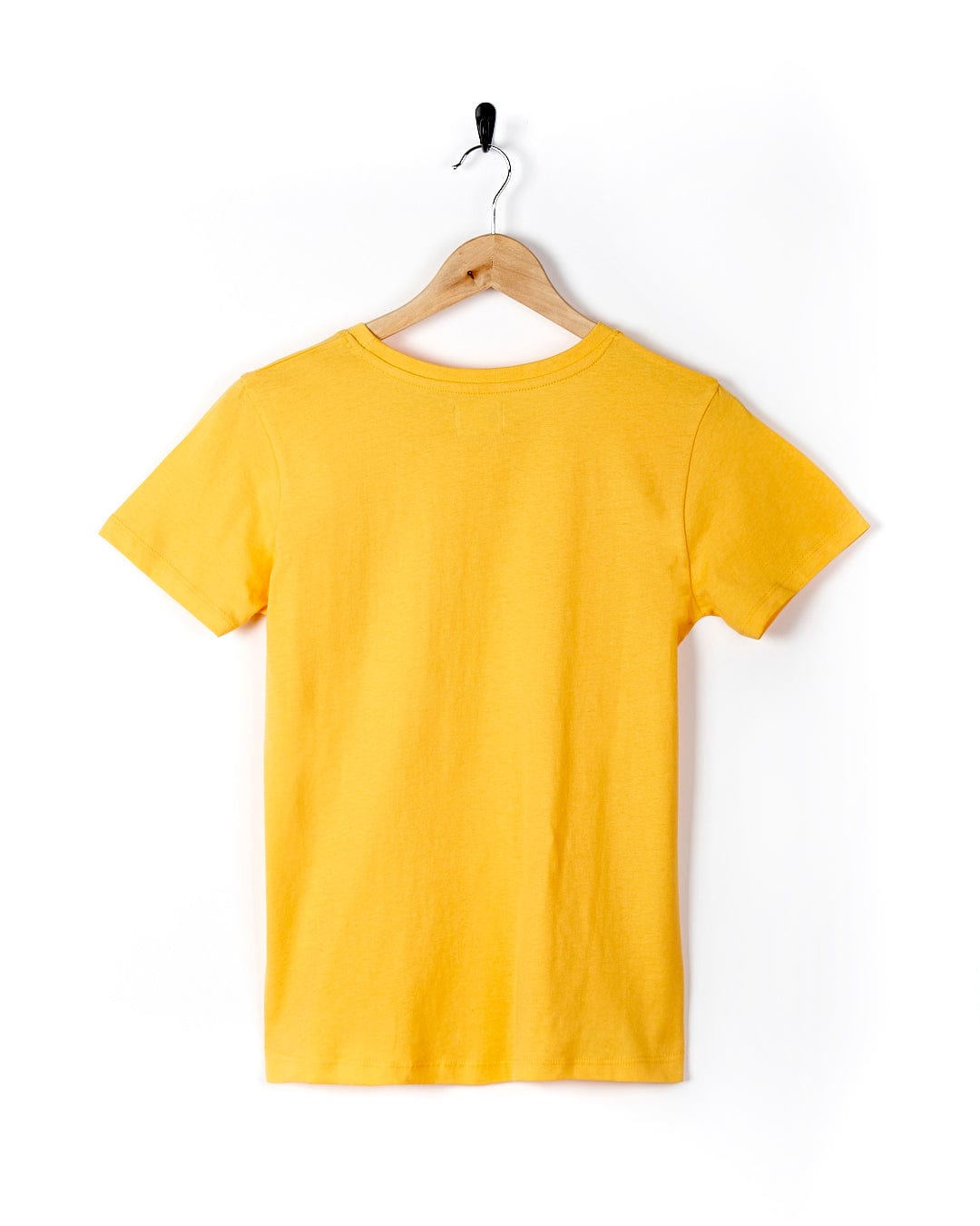 A Saltrock On The Road Cornwall - Womens Short Sleeve T-Shirt - Yellow hanging on a hanger.