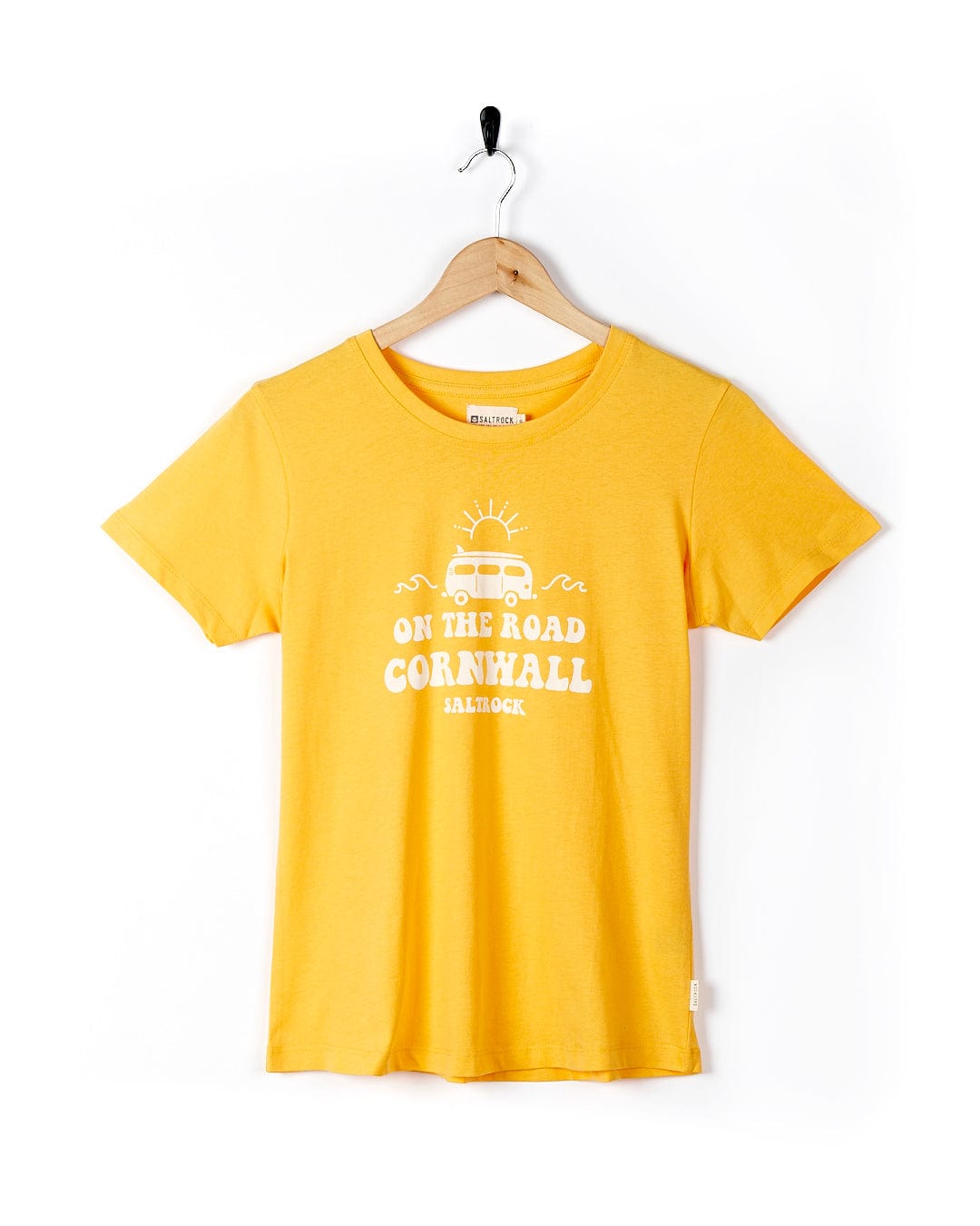 A yellow Saltrock On The Road Cornwall - Womens Short Sleeve T-Shirt with the words 'only hard work' on it.