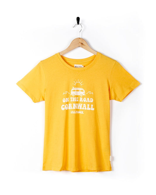 A yellow Saltrock On The Road Cornwall - Womens Short Sleeve T-Shirt with the words 'only hard work' on it.