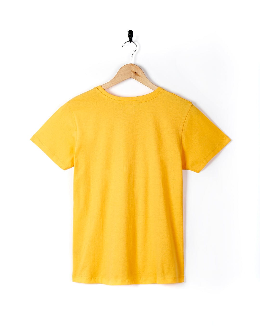 A Saltrock On The Road Devon - Womens Short Sleeve T-Shirt - Yellow hanging on a hanger.