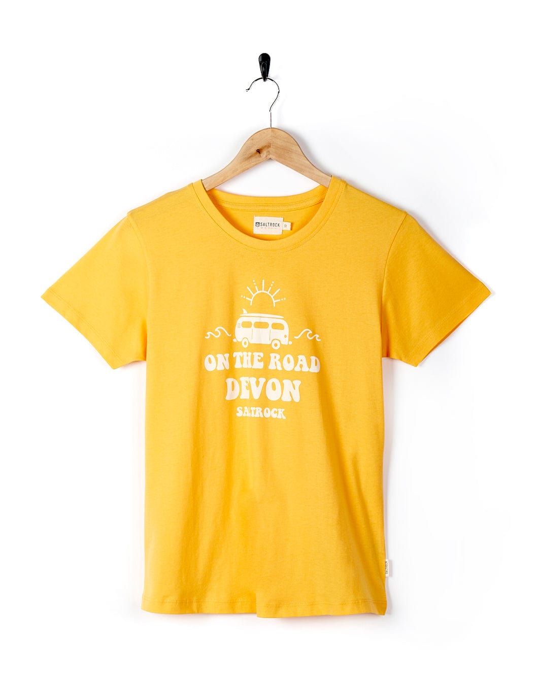 A yellow Saltrock On The Road Devon - Womens Short Sleeve T-Shirt with an image of a van on the road.