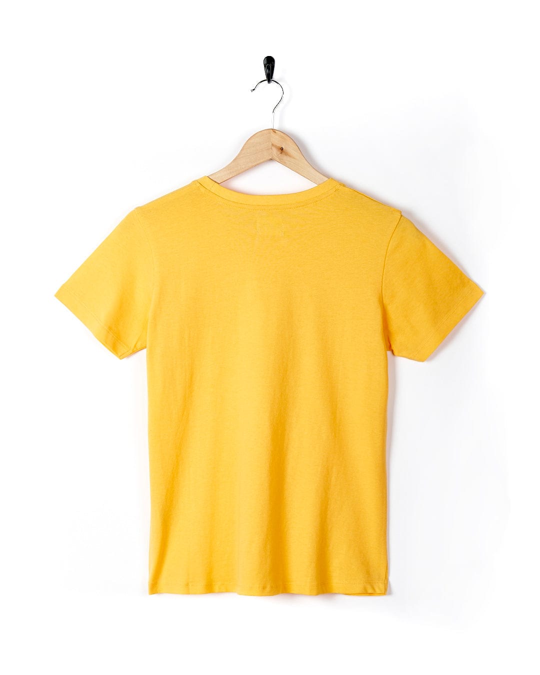 A Saltrock On The Road Wales - Womens Short Sleeve T-Shirt - Yellow hanging on a hanger.
