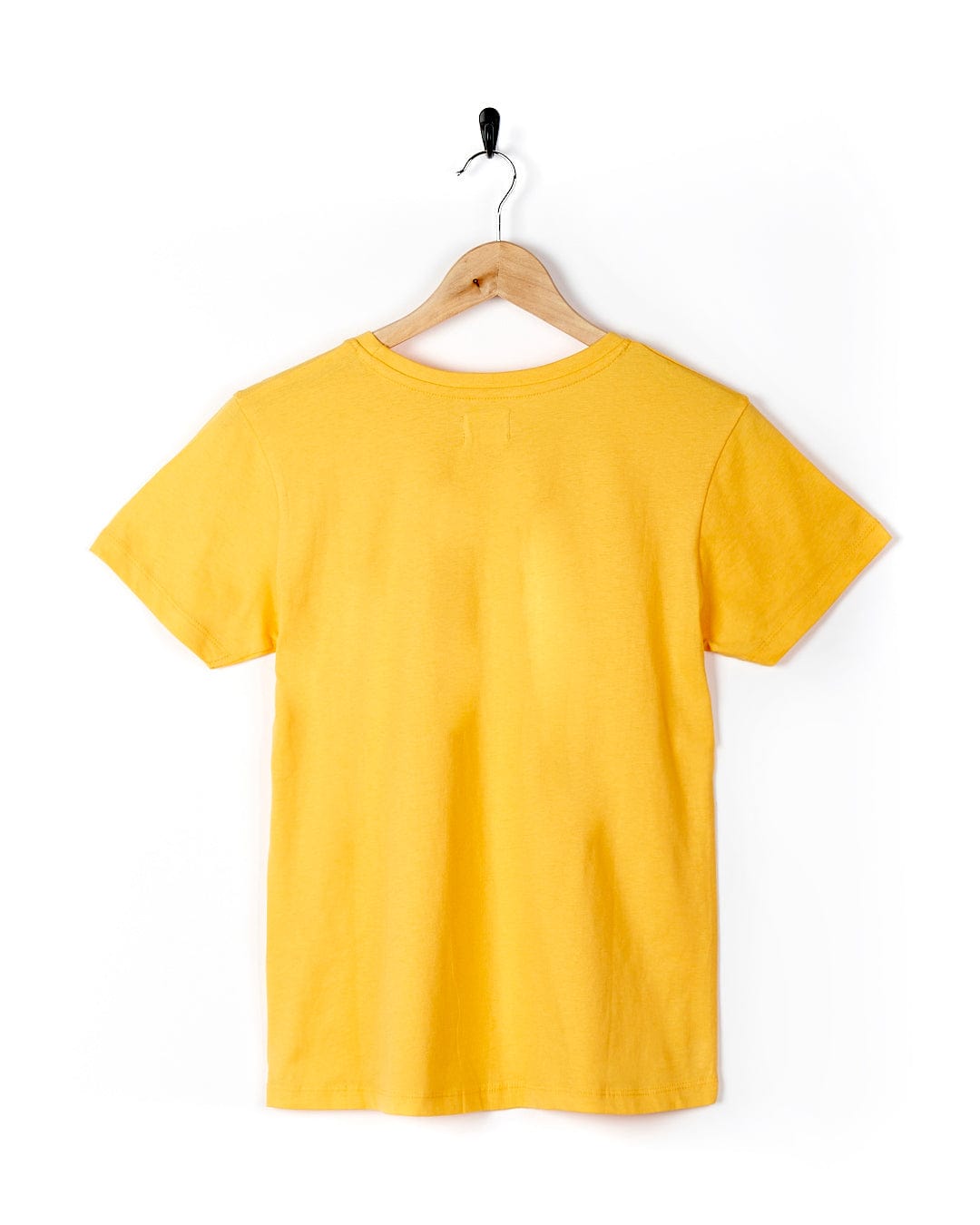 A Saltrock On The Road - Womens Short Sleeve T-Shirt - Yellow hanging on a wooden hanger.