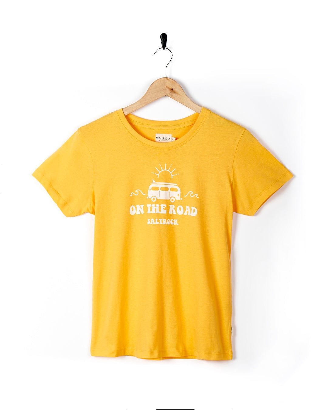A Saltrock yellow t-shirt that says On The Road - Womens Short Sleeve T-Shirt.