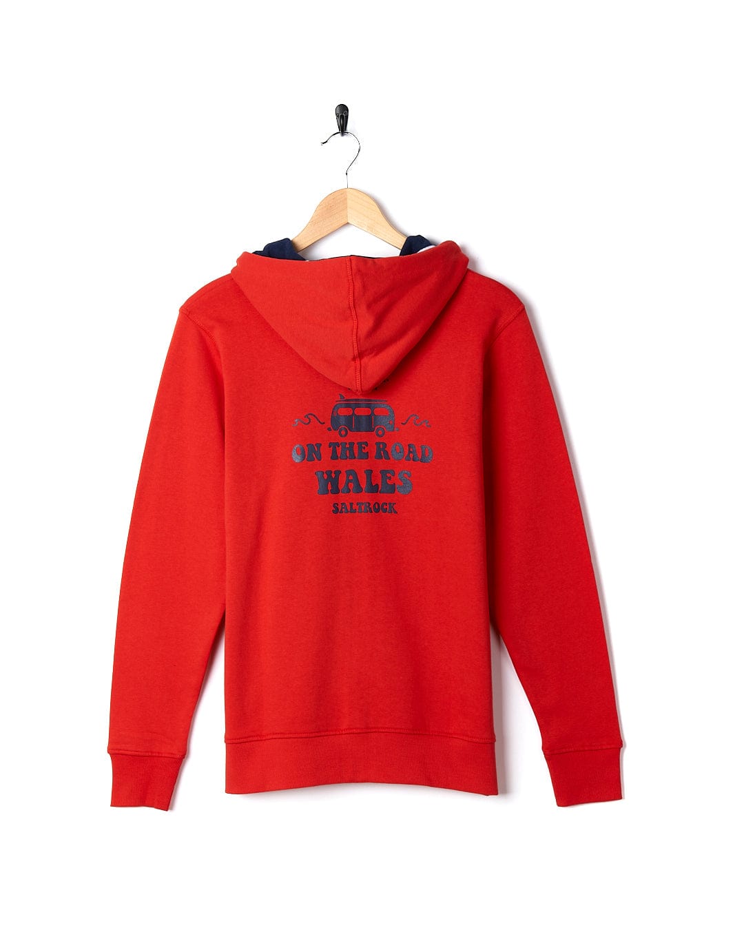 A Saltrock On The Road Wales - Women's Zip Hoodie - Red with a blue and red logo on it.