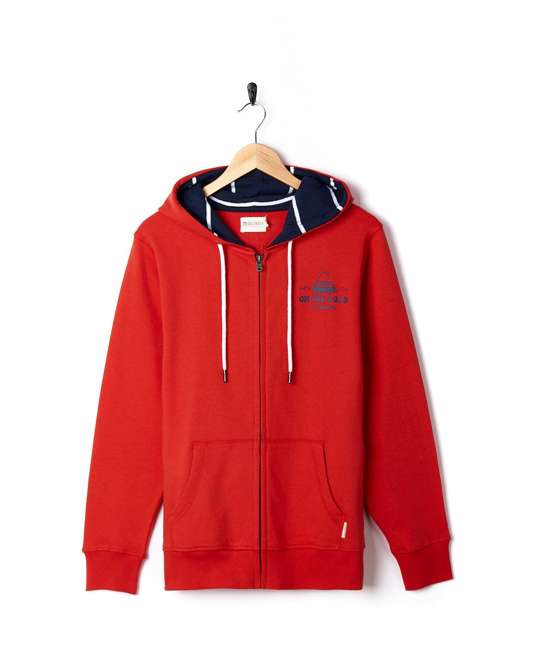A Saltrock On The Road Devon - Womens Zip Hoodie - Red with a navy logo.