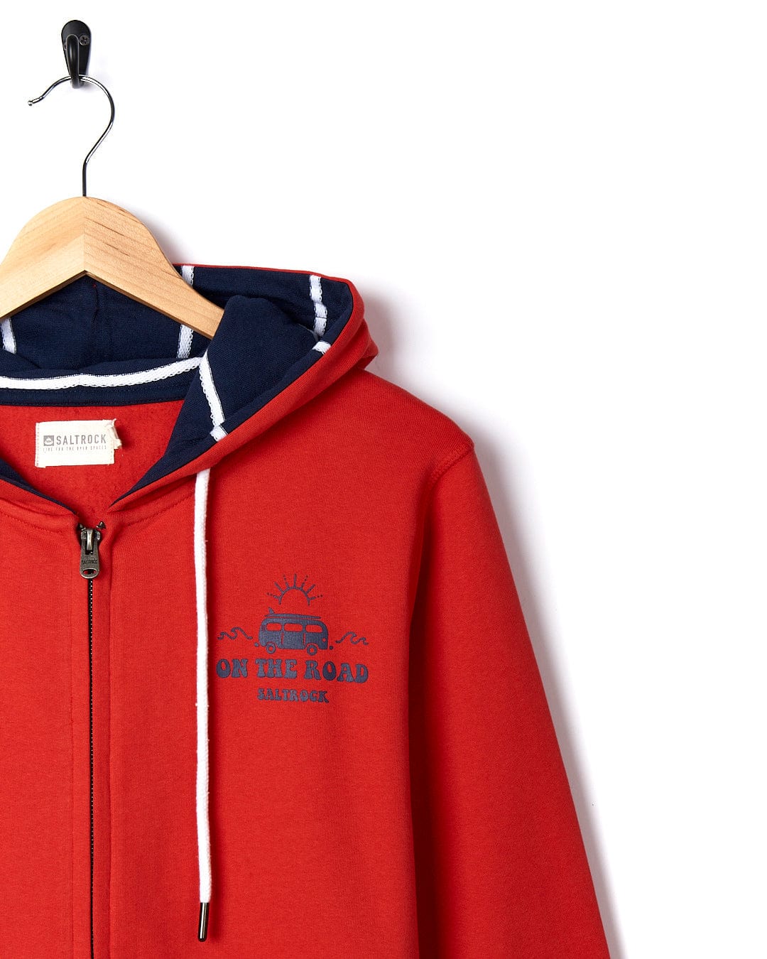 A On The Road Wales - Women's Zip Hoodie - Red by Saltrock with a navy logo on it.