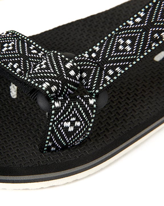 A pair of Path Finder - Webbing Sandal - Black sandals with a Saltrock branding and a black and white pattern.