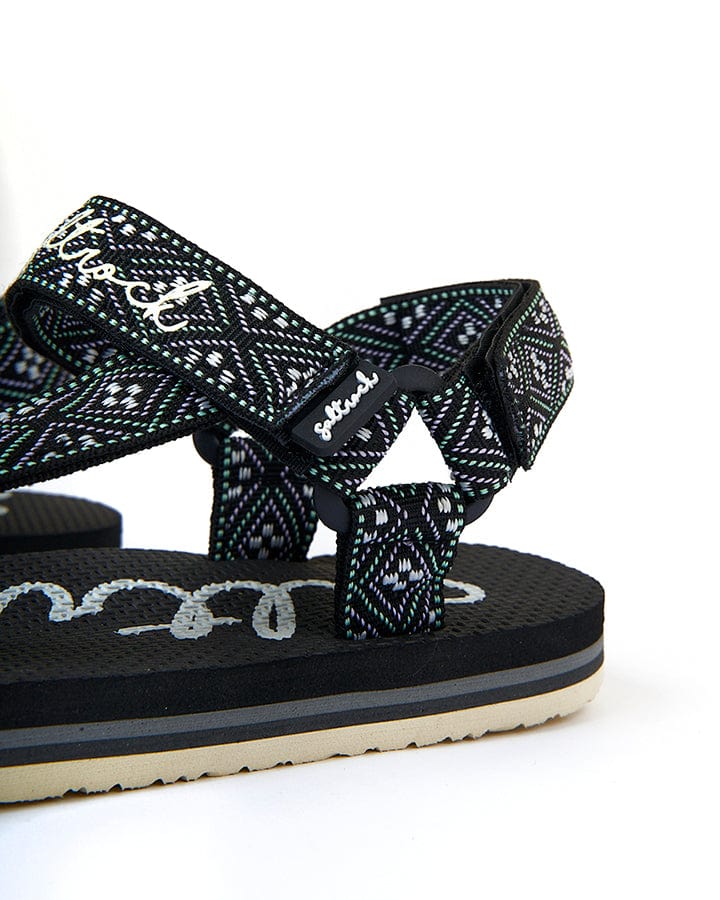 A pair of black Path Finder - Webbing Sandal with Saltrock branding on them.