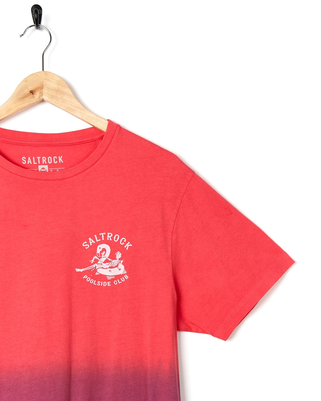 A Saltrock Poolside - Mens Dip Die Short Sleeve T-Shirt - Pink with an image of a surfboard on it.