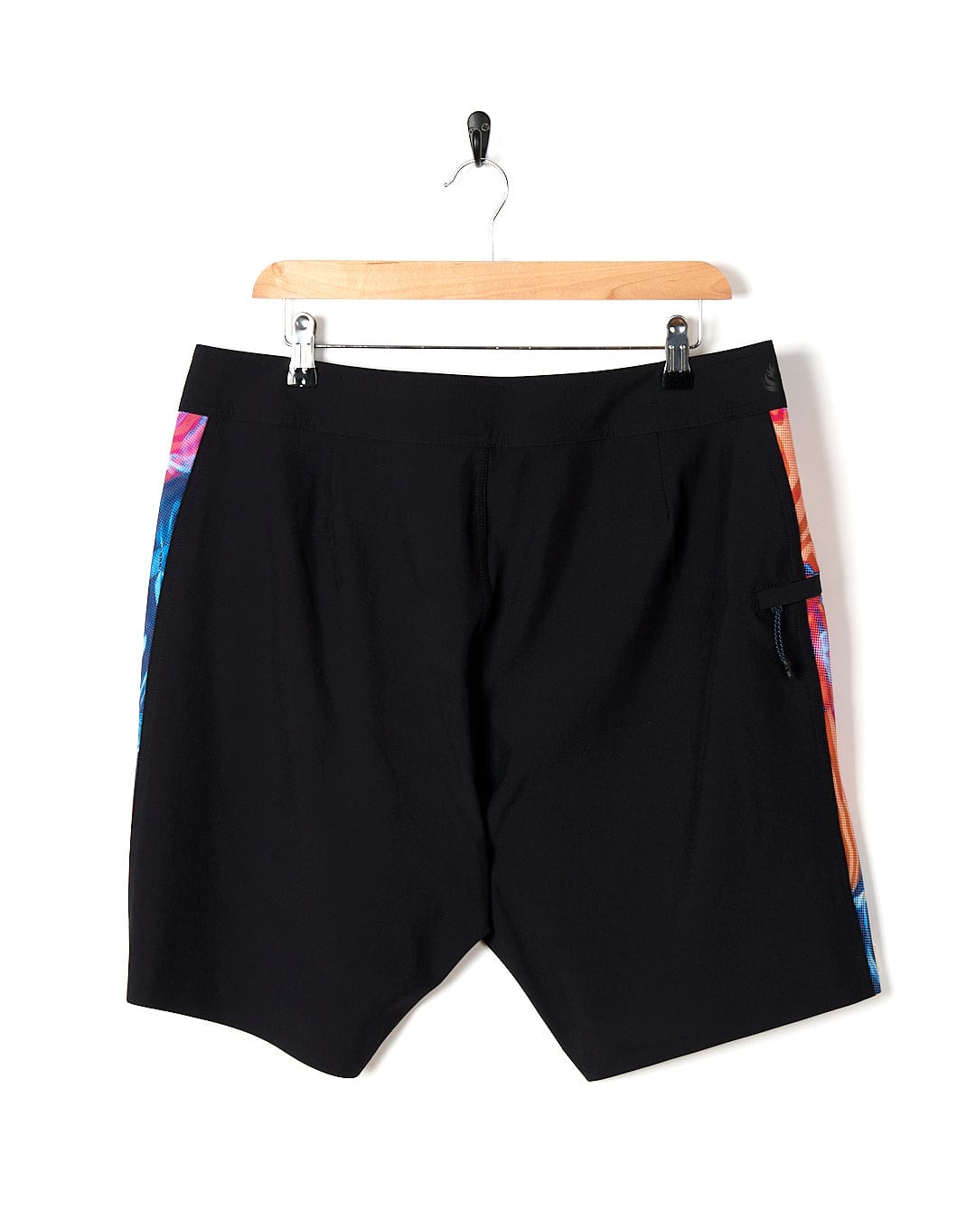 A Saltrock Poolside Panel - Mens Recycled 4-Way Stretch Boardshort - Black with a colorful design on it.