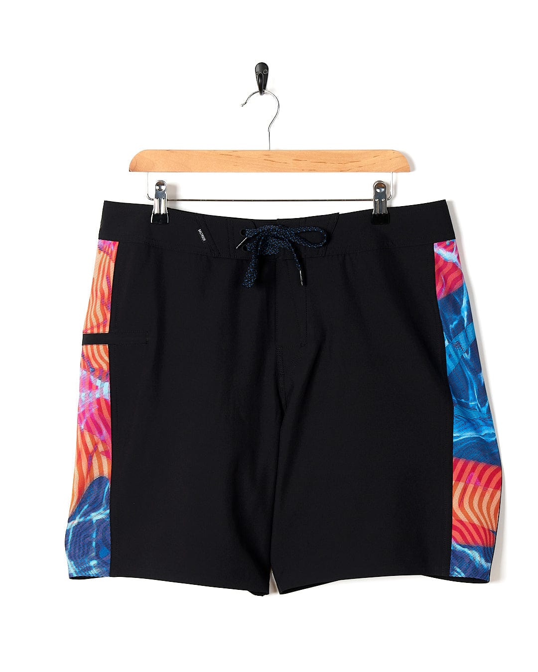 A black and blue Poolside Panel - Mens Recycled 4-Way Stretch Boardshort with a colorful print, by Saltrock.