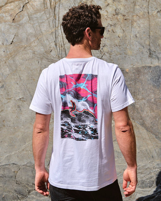 The back of a man wearing a Poolside Wave - Mens Short Sleeve T-Shirt - White t-shirt, made by Saltrock.