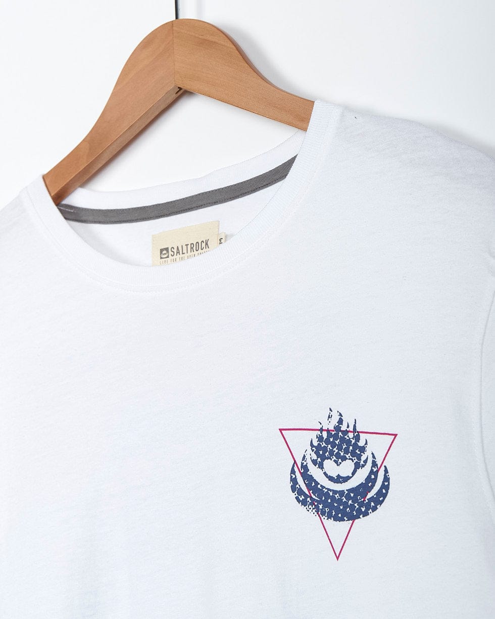 A Saltrock Poolside Wave - Mens Short Sleeve T-Shirt - White with a blue triangle on it.