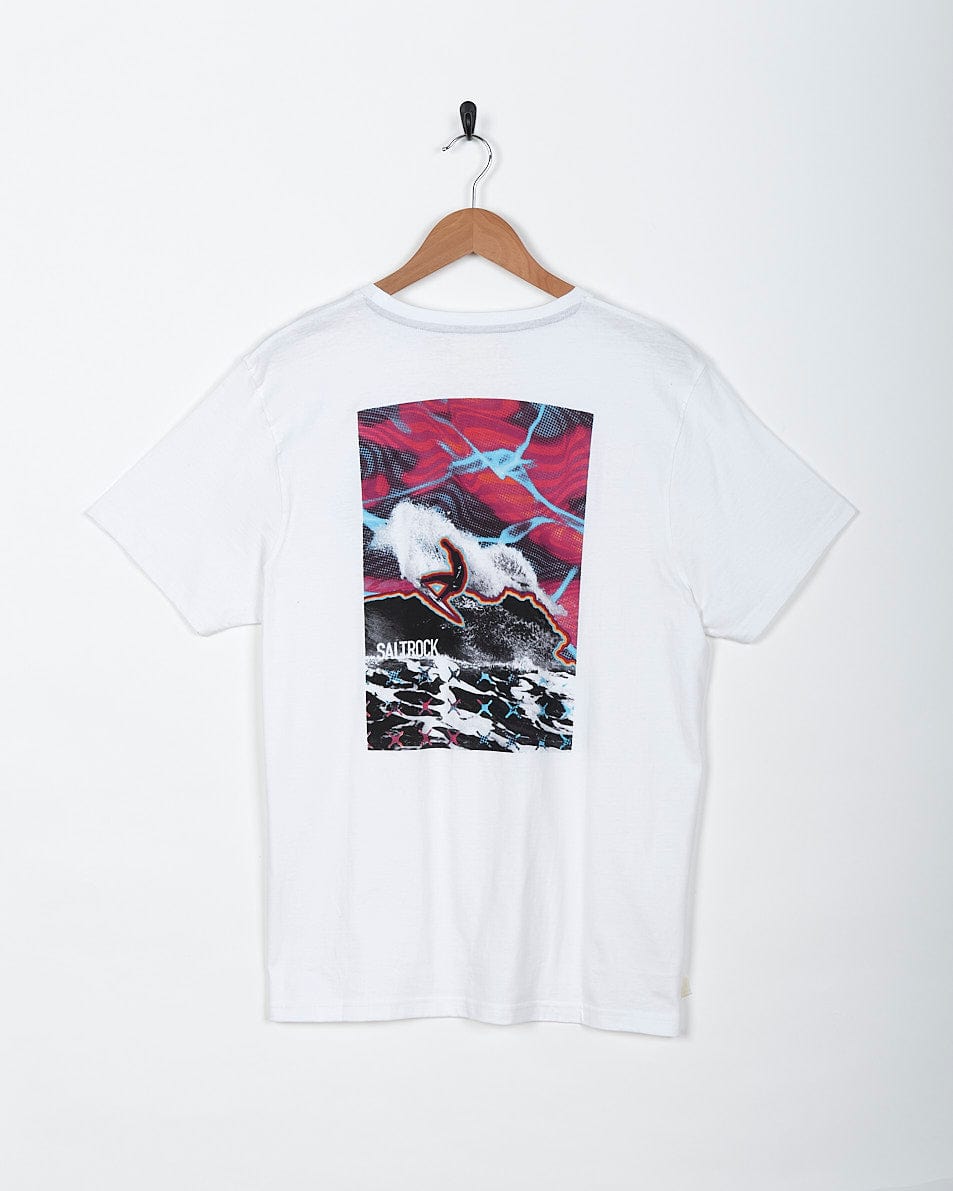 A Poolside Wave - Mens Short Sleeve T-Shirt - White with an image of a man riding a skateboard. (Brand: Saltrock)