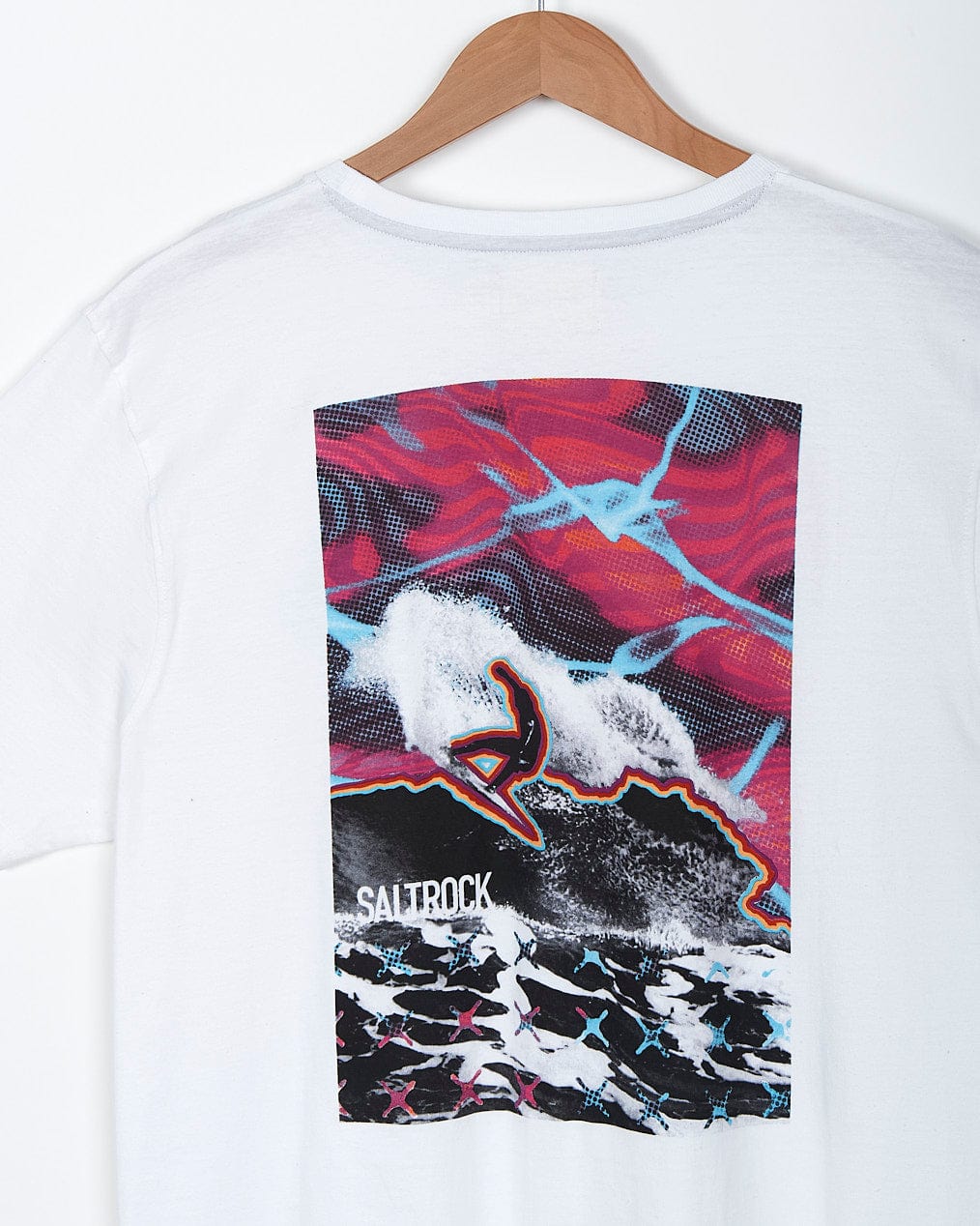 A Saltrock Poolside Wave - Mens Short Sleeve T-Shirt - White with an image of a surfer riding a wave.