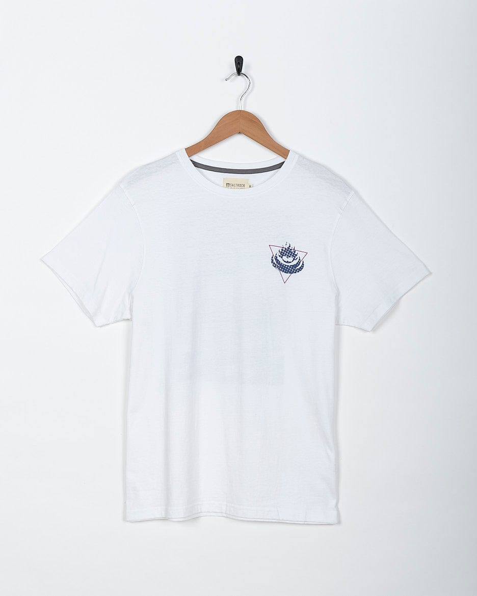 A Poolside Wave - Mens Short Sleeve T-Shirt - White with a Saltrock logo on it.