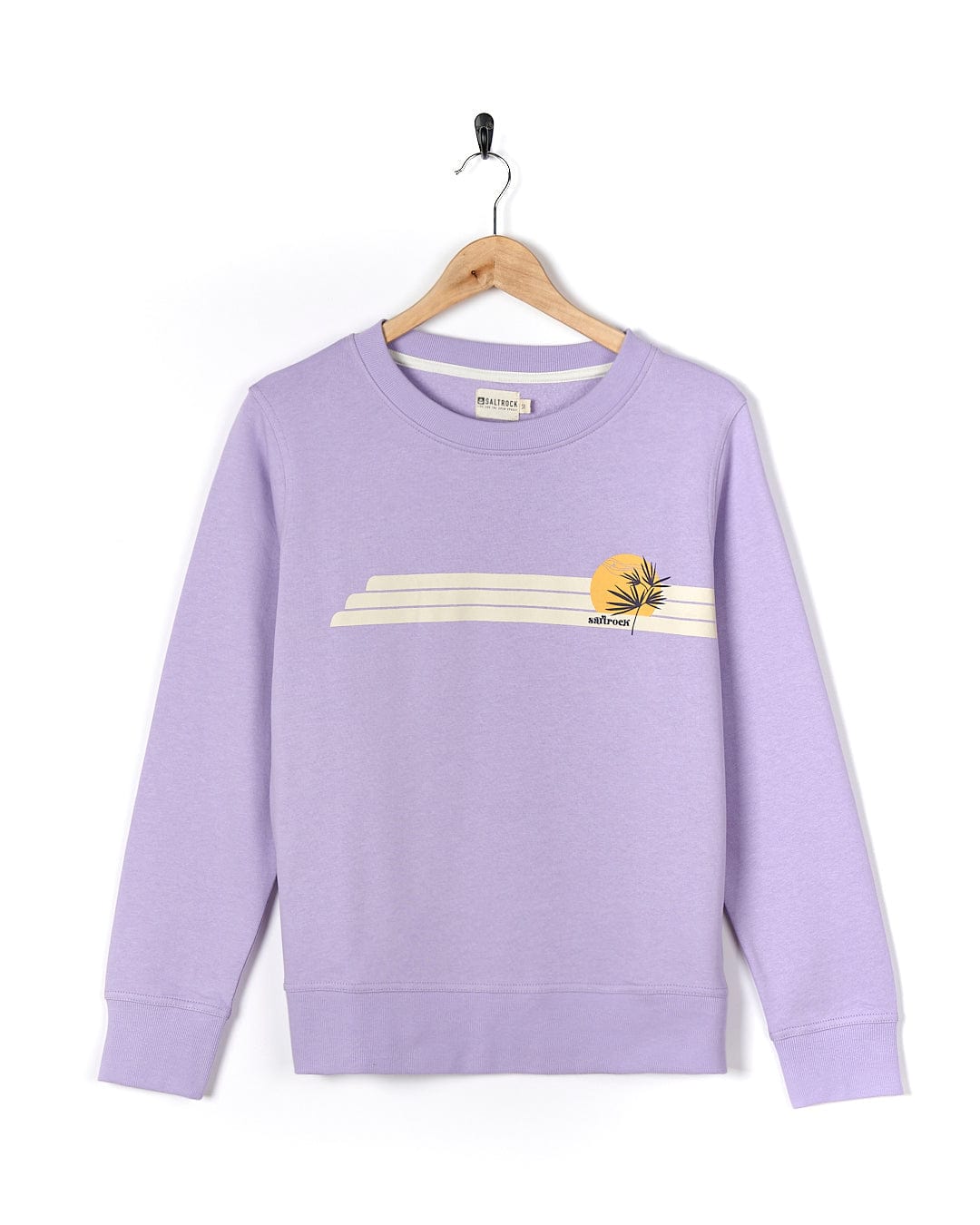 A Saltrock Poster Stripe - Womens Crew Sweat - Light Purple sweatshirt with a yellow stripe on it.