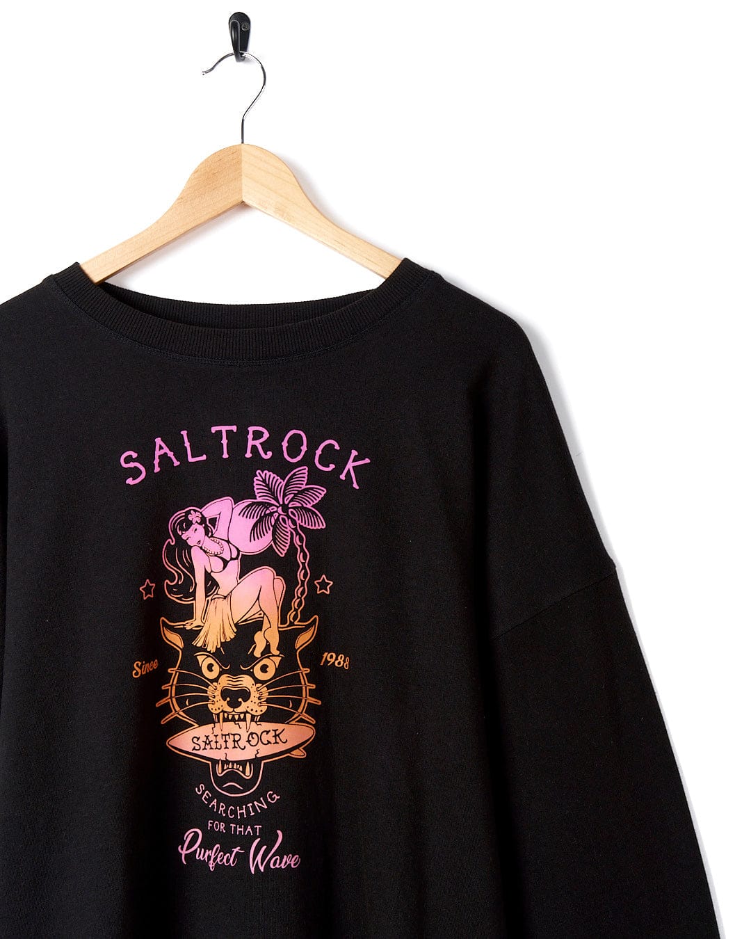 A black Purfect Wave Gradient - Womens Boyfriend Fit Sweat sweatshirt with the words Saltrock on it.