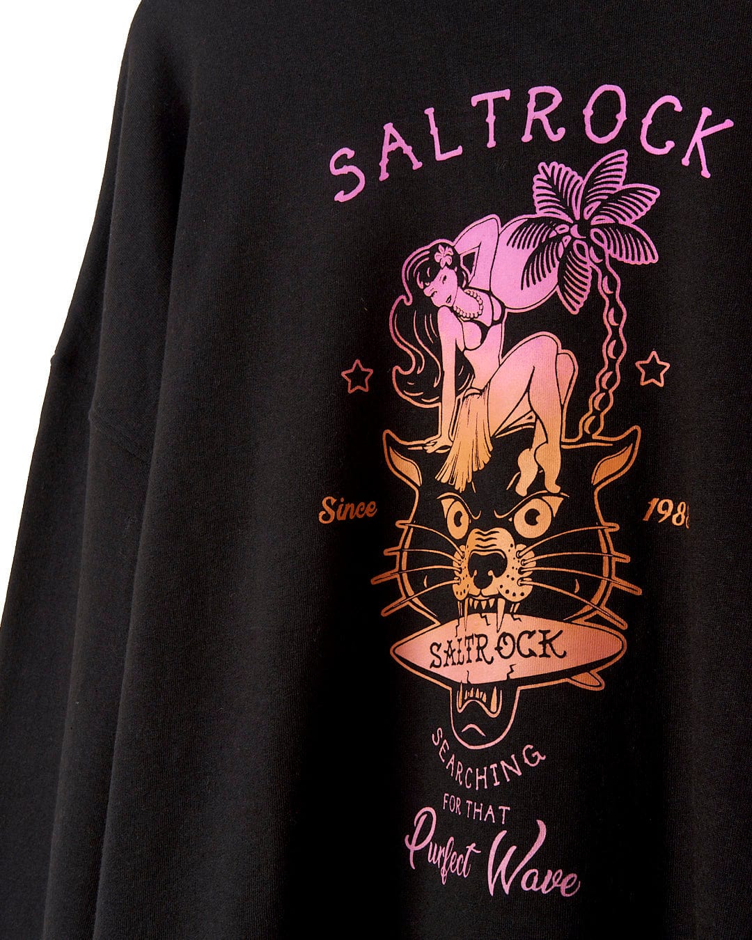 A black sweatshirt with the words Saltrock's Purfect Wave Gradient - Womens Boyfriend Fit Sweat - Black on it.