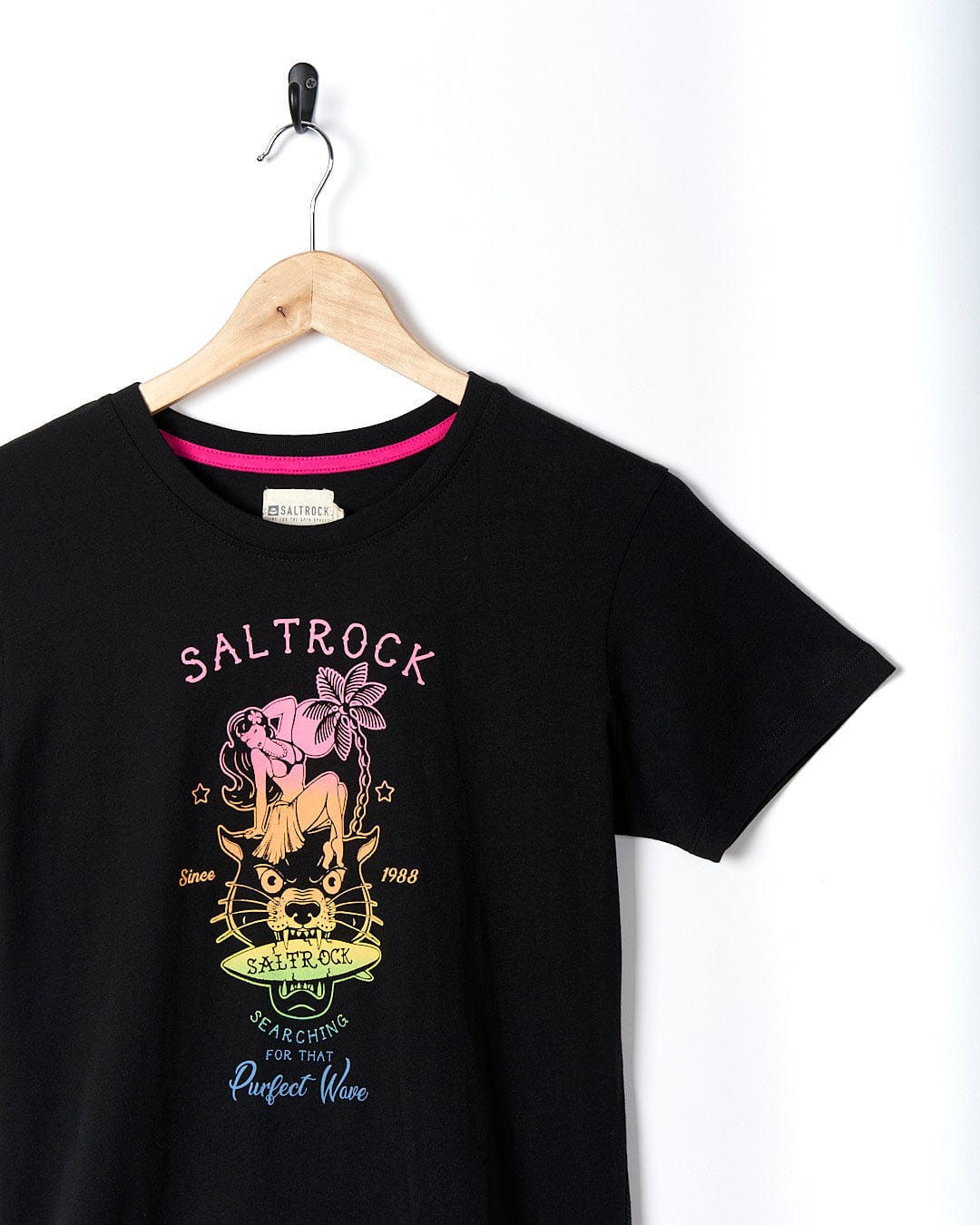 A Purfect Wave Gradient - Womens Short Sleeve T-Shirt - Black with the brand name Saltrock on it.