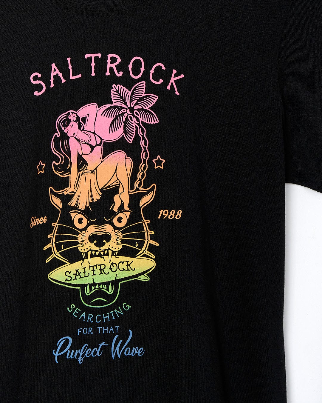 A black t-shirt that says Saltrock, called the Purfect Wave Gradient - Womens Short Sleeve T-Shirt - Black.