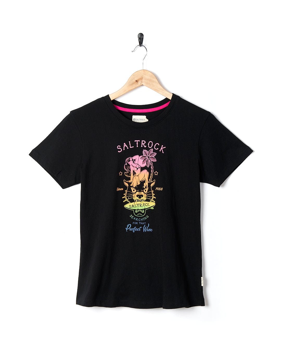 A Saltrock Purfect Wave Gradient - Womens Short Sleeve T-Shirt - Black with the brand name "Saltrock" on it.