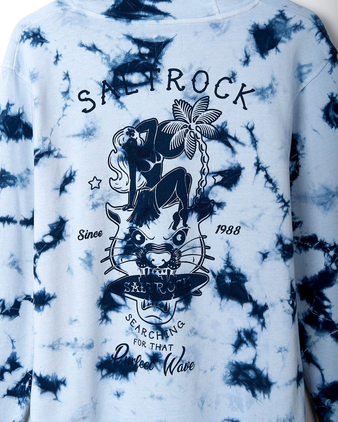 The back of a Purfect Wave - Mens Tie Dye Pop Hoodie - Light Blue sweatshirt with a palm tree on it by Saltrock.