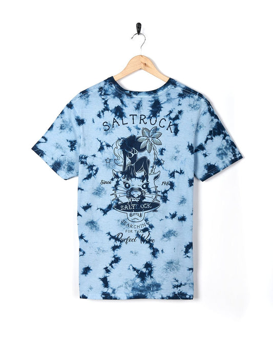 A Saltrock - Purfect Wave Mens Tie Dye Short Sleeve T-shirt - Light Blue with a horse on it.