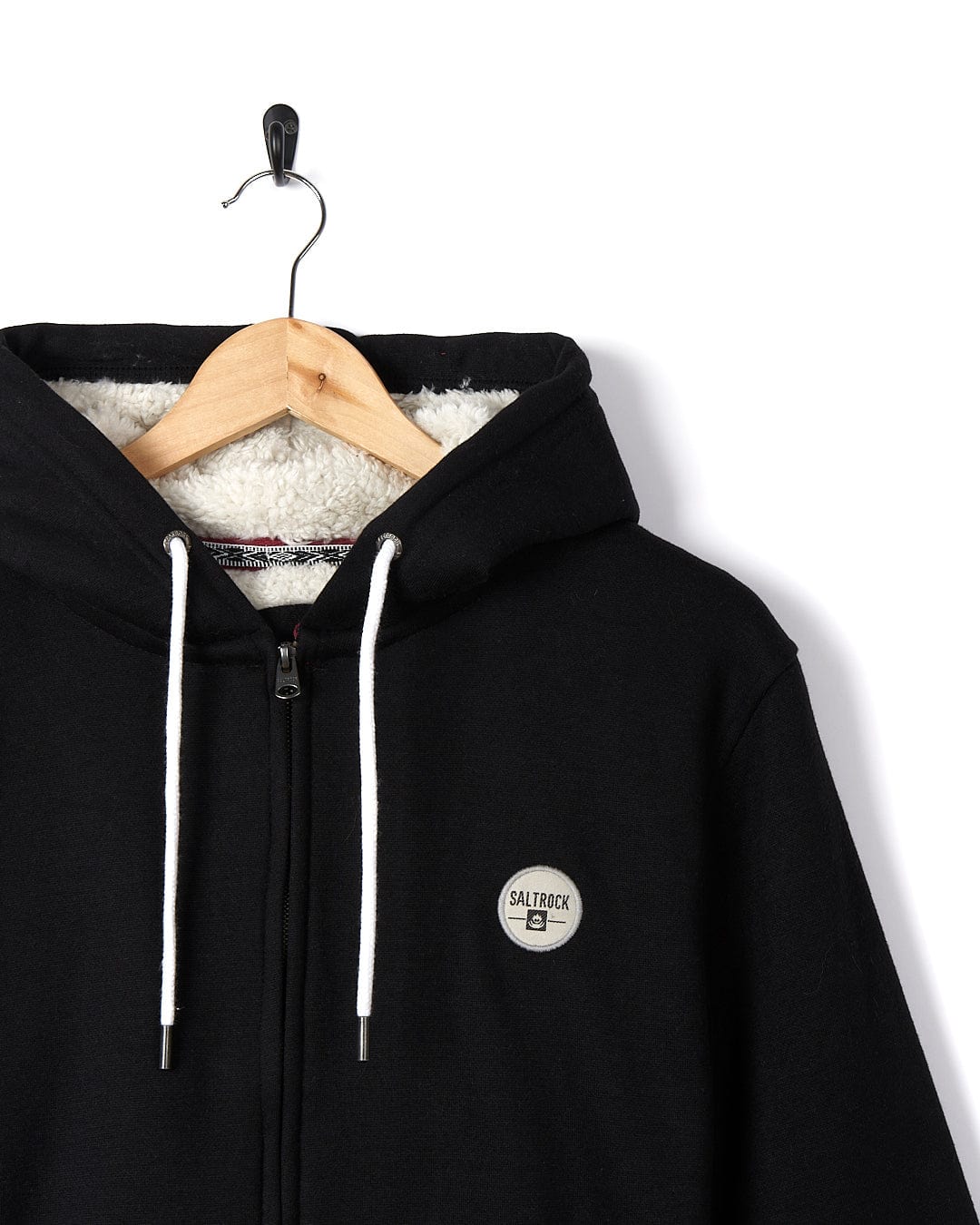A Rebelto - Mens Fur Lined Hoodie - Black with a white logo on it.