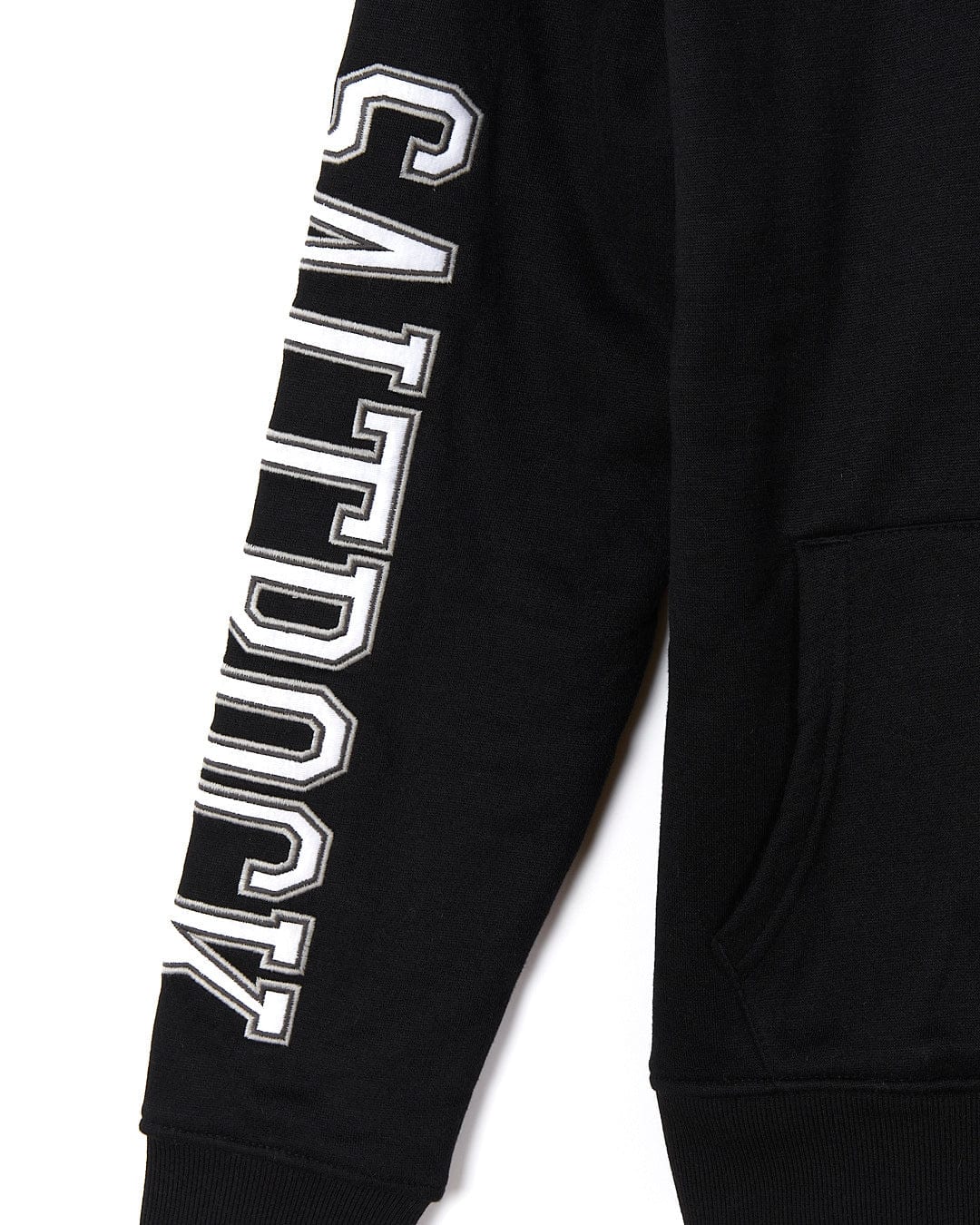 A Rebelto - Mens Fur Lined Hoodie - Black with a white logo on it. (Brand: Saltrock)