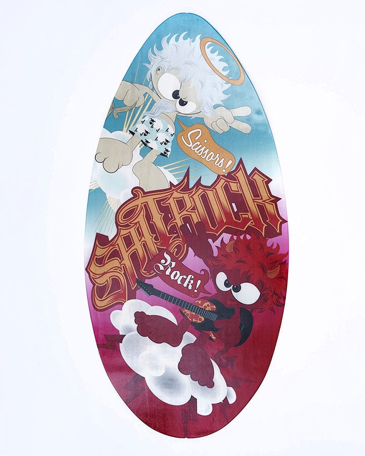 A Rock Scissors - 41 Skimboard with a cartoon character on it that is hardwearing and perfect for beginners.