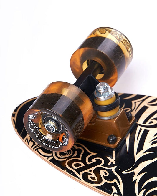 A Running Man Limited Edition - Mini Wooden Cruiser - Dark Yellow skateboard by Saltrock with a black and gold design.