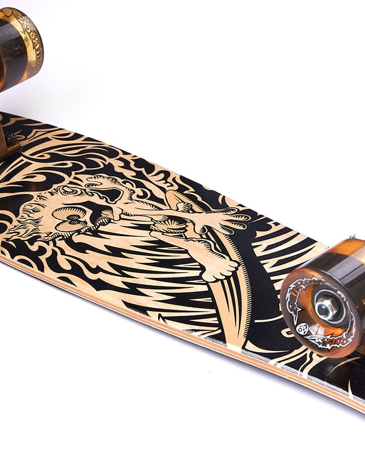 A Running Man Limited Edition - Mini Wooden Cruiser - Dark Yellow skateboard with an image of a tiger on it, by Saltrock.