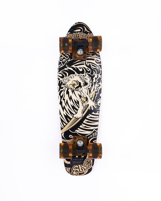A "Running Man Limited Edition - Mini Wooden Cruiser - Dark Yellow" skateboard with a black and white design on it.