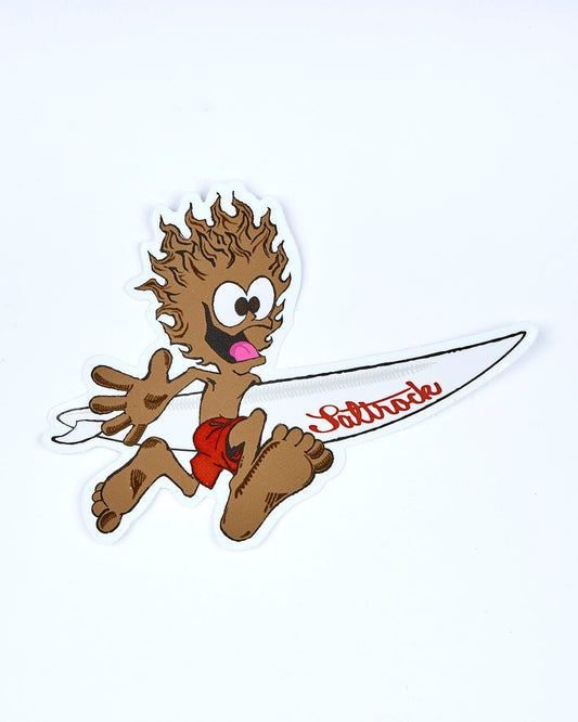 Illustration of the Saltrock mascot surfing on a red and white surfboard, placed against a white background.
