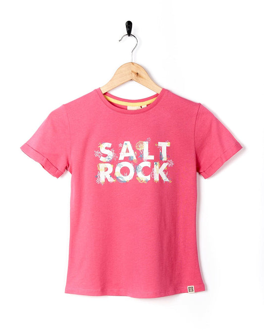 A Seabed - Kids Short Sleeve T-Shirt - Pink with the word Saltrock on it.