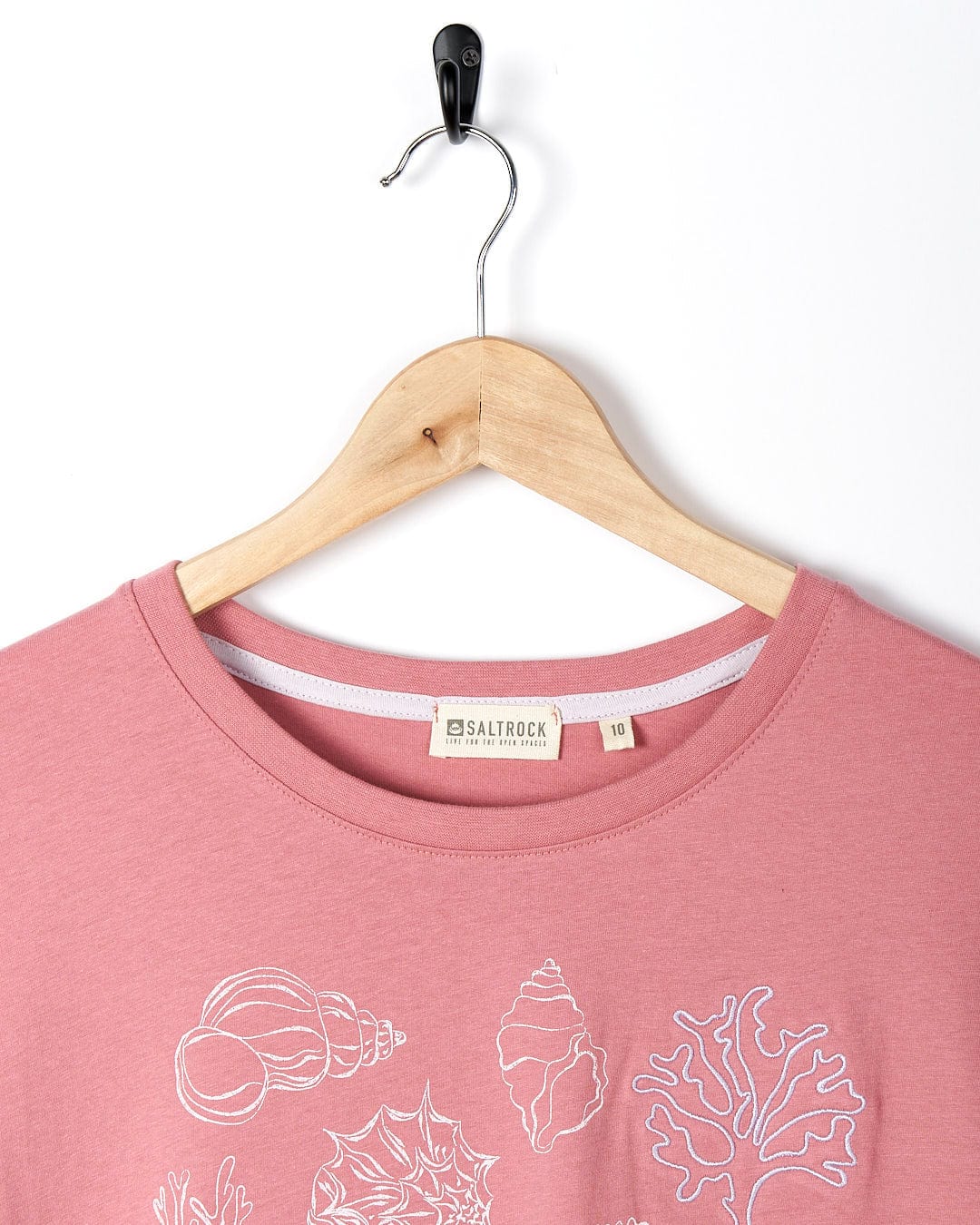 A Saltrock Sea Shells - Womens Relaxed Fit T-Shirt - Mid Pink with sea creatures on it.