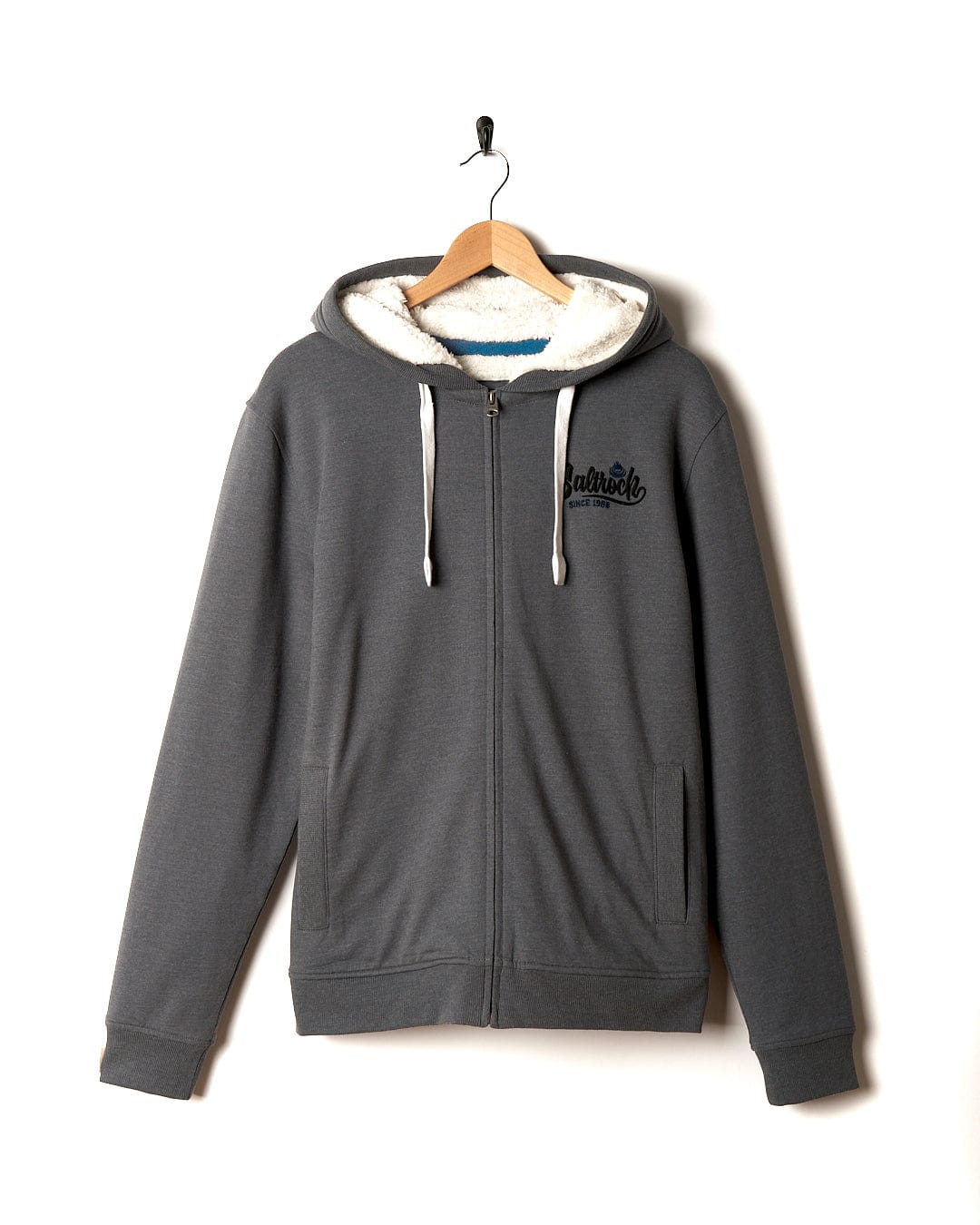 A Saltrock Speed - Mens Borg Lined Hoodie - Grey hanging on a hanger.