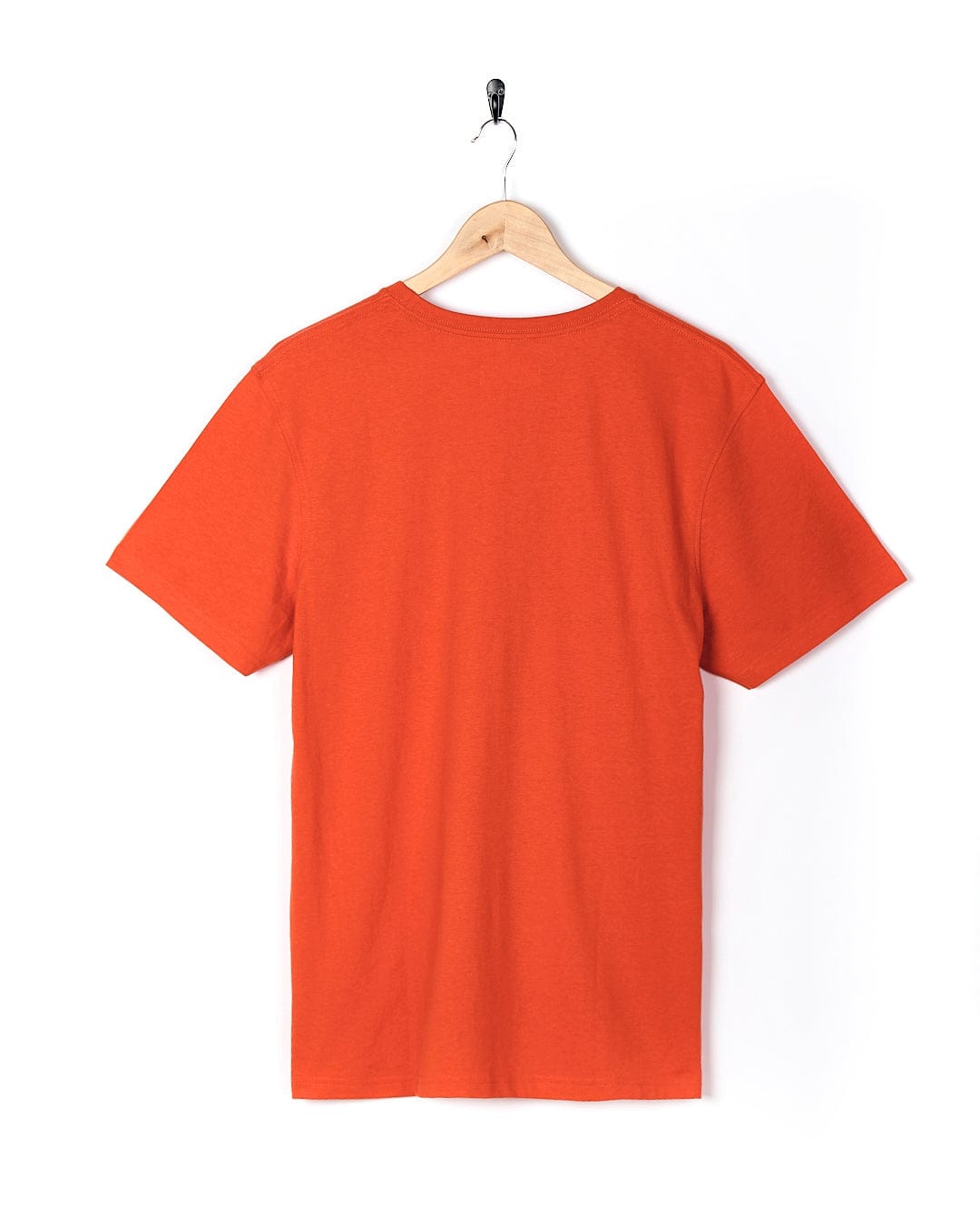 A Speed - Mens Short Sleeve T-Shirt - Red by Saltrock hanging on a hanger.