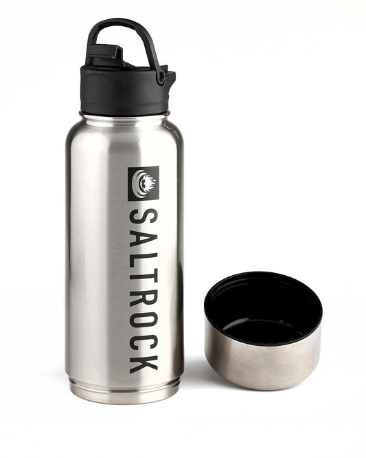 A 32 oz capacity Saltrock Stash stainless steel water bottle in silver with a black lid.