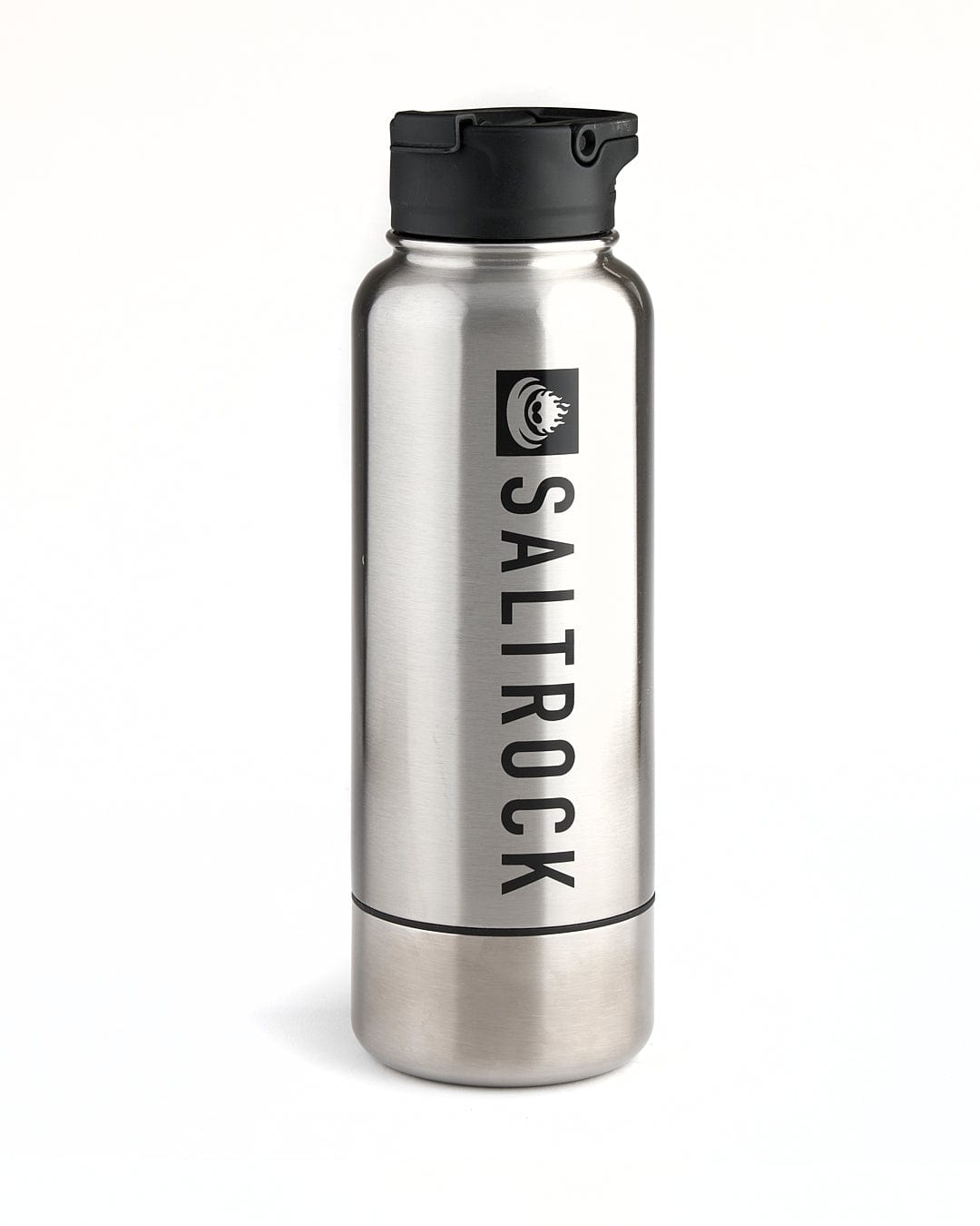 A Stash stainless steel water bottle with the word Saltrock on it.