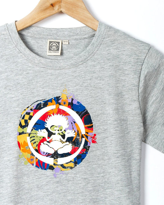 A Saltrock gray t-shirt with a colorful design on it.