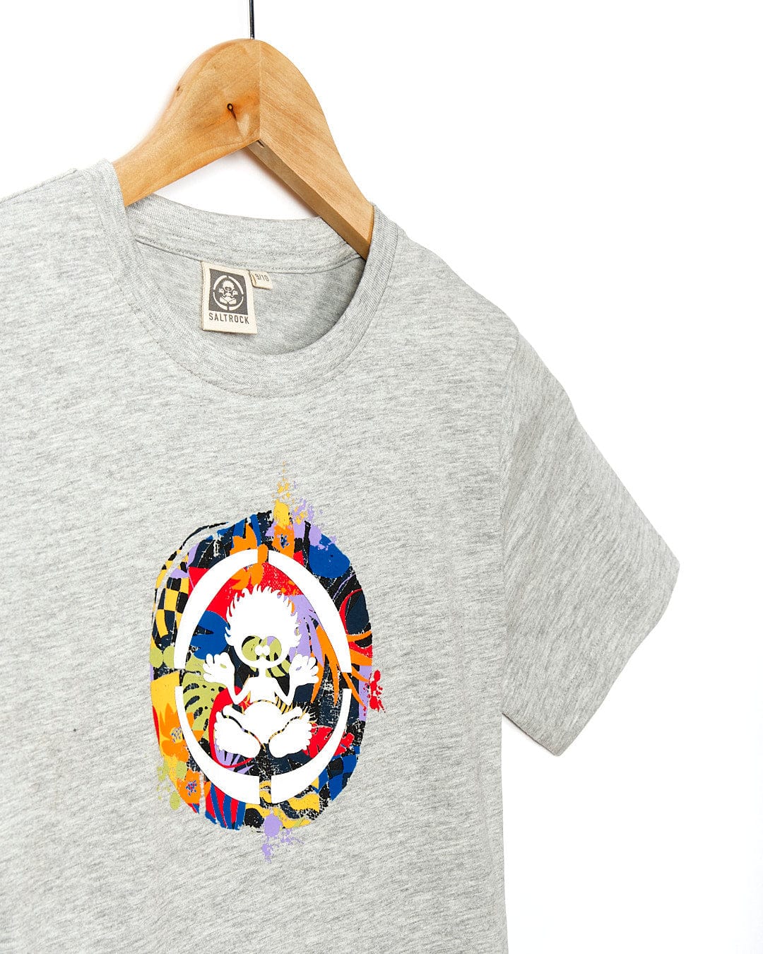 A Saltrock Target Pop - Kids Short Sleeve T-Shirt - Grey with a colorful design on it.