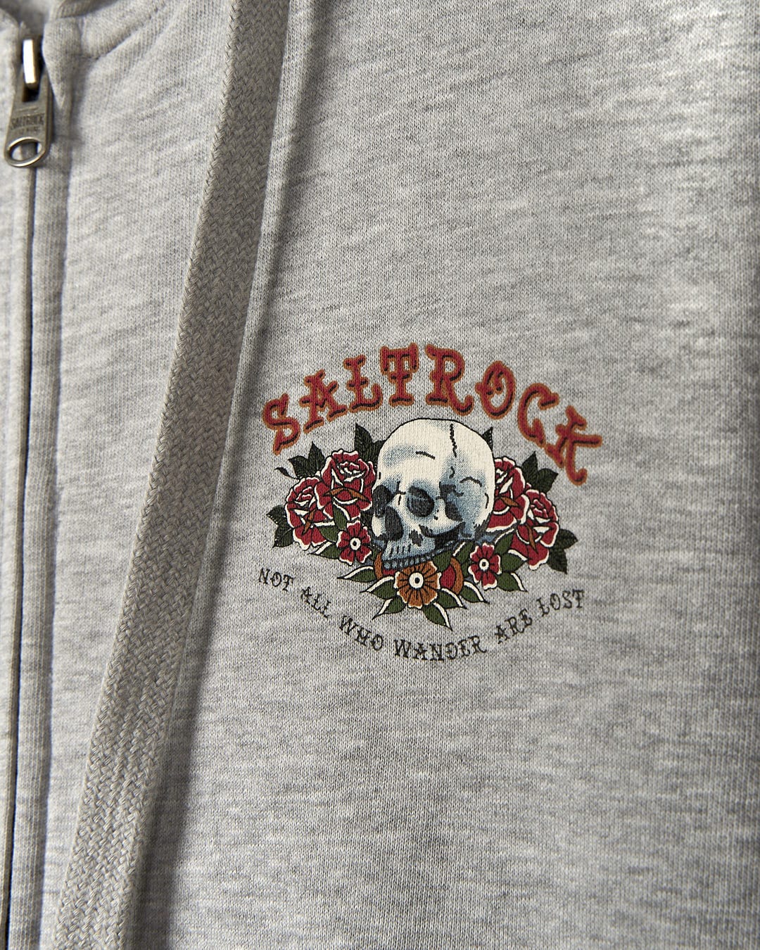 A Saltrock grey hoodie with a skull and roses on it.