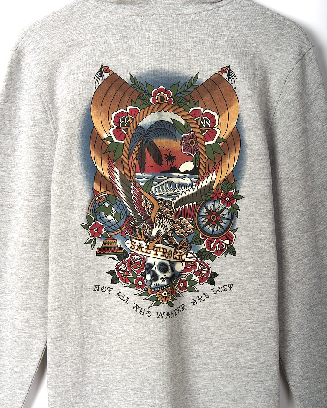 The back of a Tattoo Island - Mens Zip Hoodie - Grey sweatshirt with an image of an eagle, Saltrock.