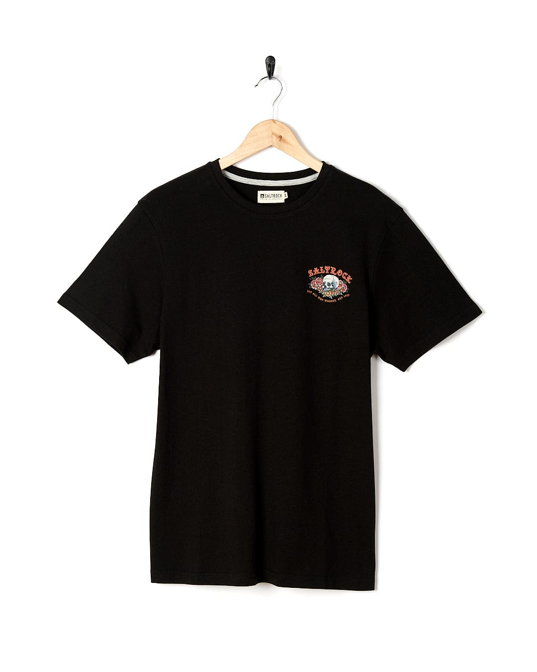 A Tattoo Island - Mens Short Sleeve T-Shirt - Black with a logo on it by Saltrock.