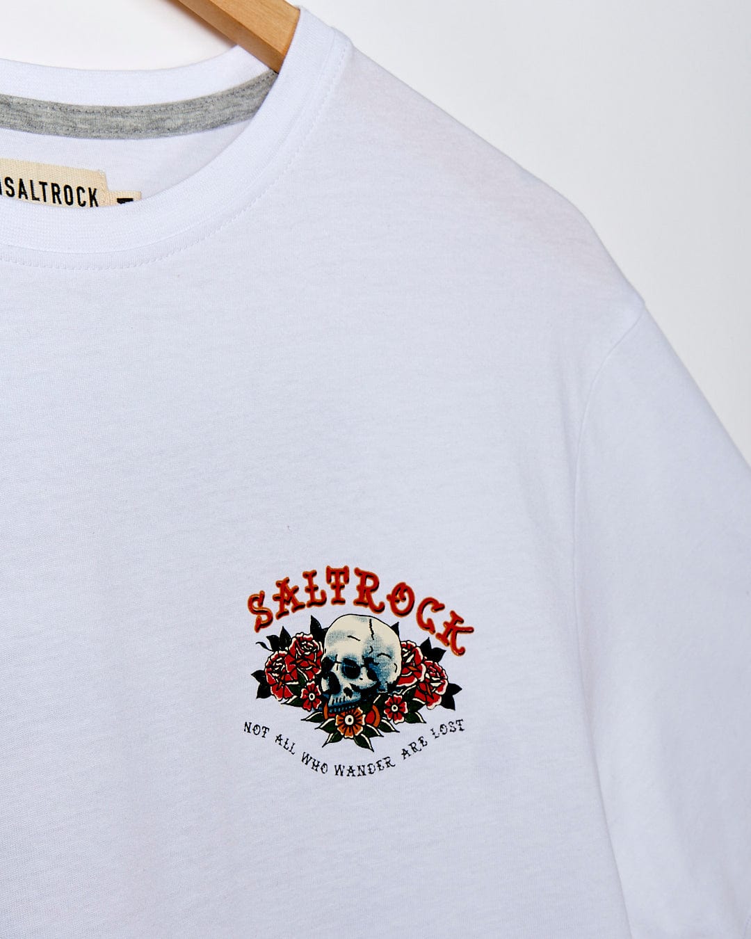 A Tattoo Island - Mens Short Sleeve T-Shirt - White by Saltrock with a skull and roses on it.