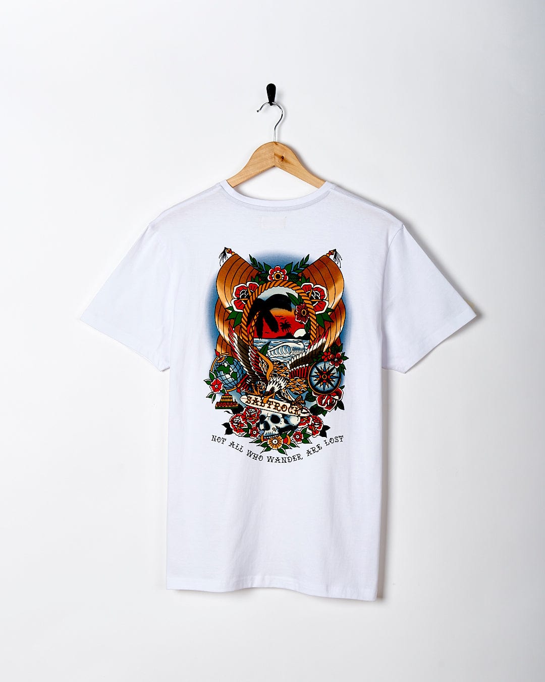 A Saltrock Tattoo Island Mens Short Sleeve T-Shirt in White with an image of a tiger on it.